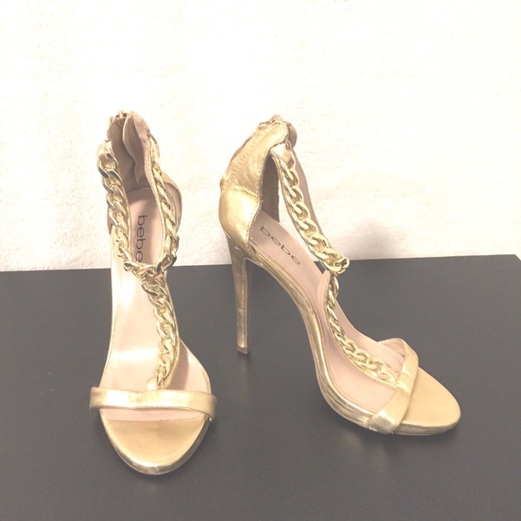 bebe Shoes - Bebe Heels Gold Foil T Strap Chain Zip Tassel 7